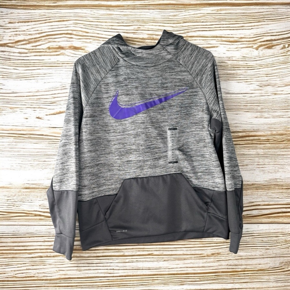 NWT Nike Dry Fit Boys Youth Hoodie Pullover Size XL Gray Big Nike Logo